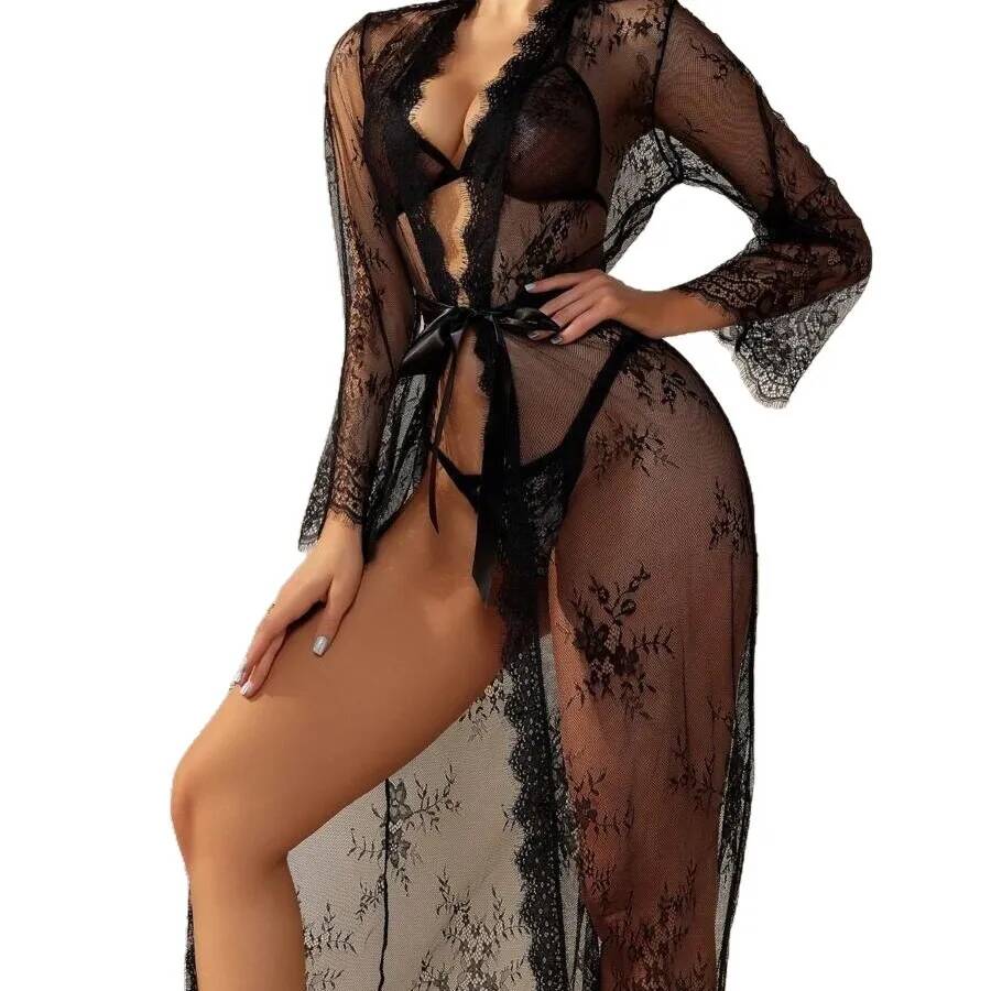Kimono Sheer Floral - Zwarte kant doorschijnende lange badjas voor