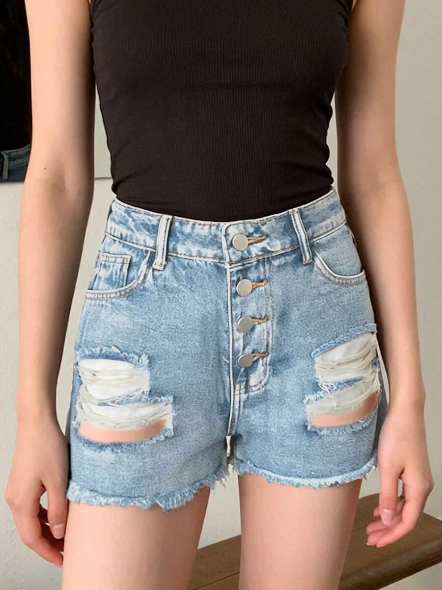 Shorts Denim Frayed - Dames denim shorts met mid-rise taille,