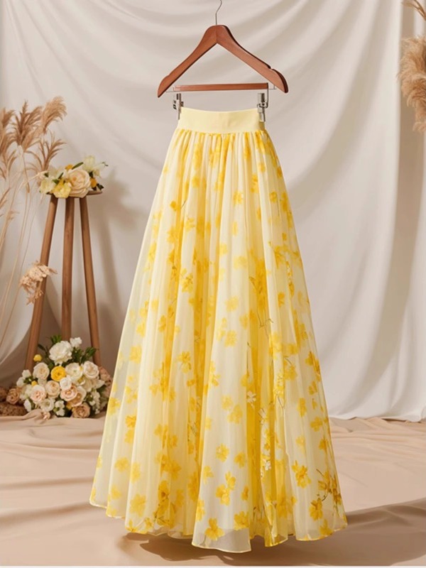 Midi Skirt Floral - Zomer 2026 Hoge Taille Gele A-lijn