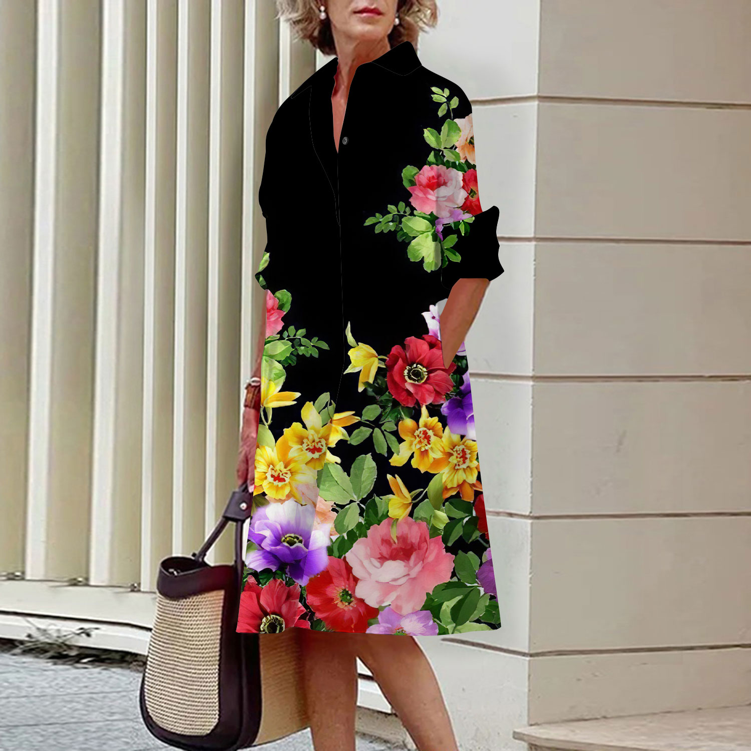 Midi Skirt Floral - Overhemdjurk met bloemenpatroon, elegante dames zomer,