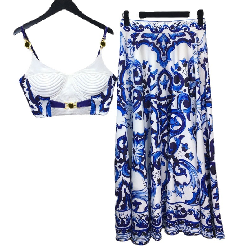 Romper Floral Print - Zomer Bohemain Blauw En Wit Porselein