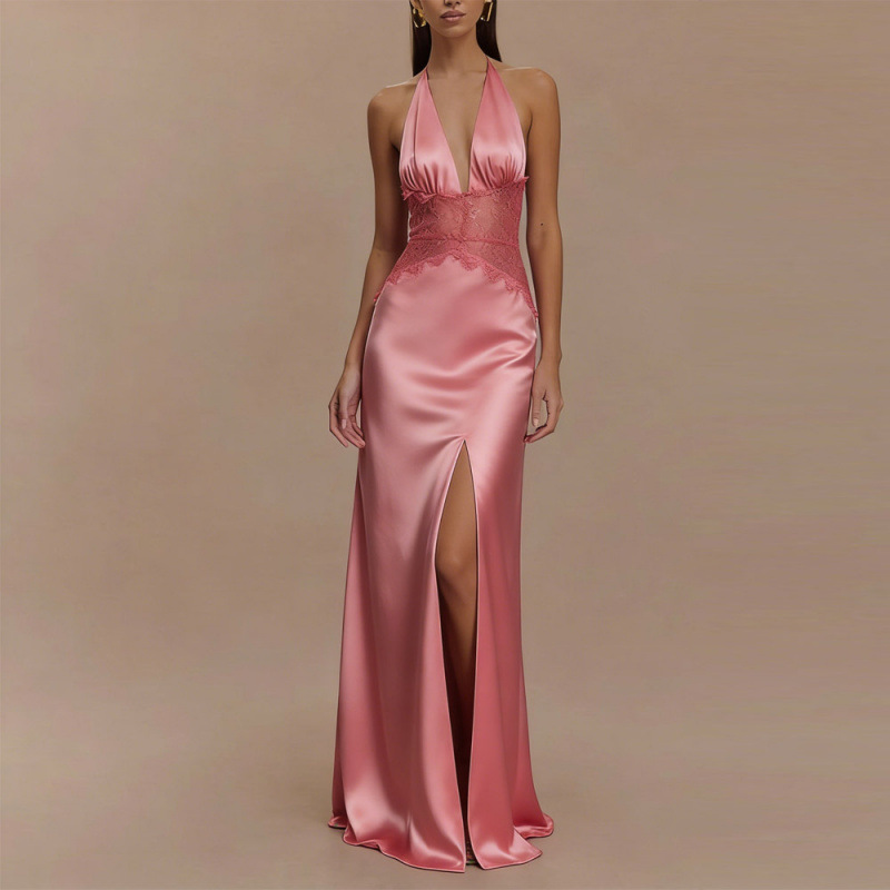 Maxi Dress Halter - Sexy backless halter maxi-jurk roze satijnen