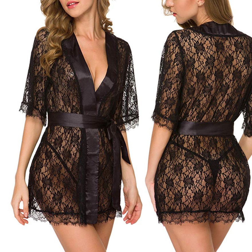 Kimono Sheer Floral - Bloemenkant V-hals Lingerie Nachthemd voor Dames