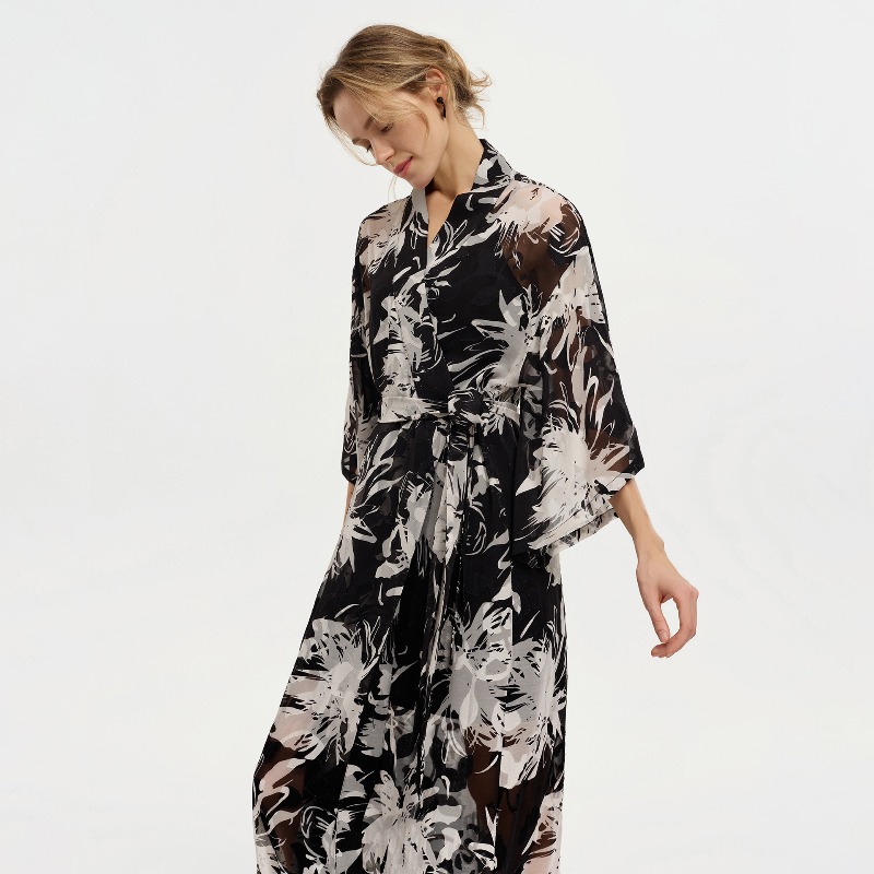 Dames Zwart Wit Inkt Bloemen S - Kimono Sheer Floral recensie en prijs